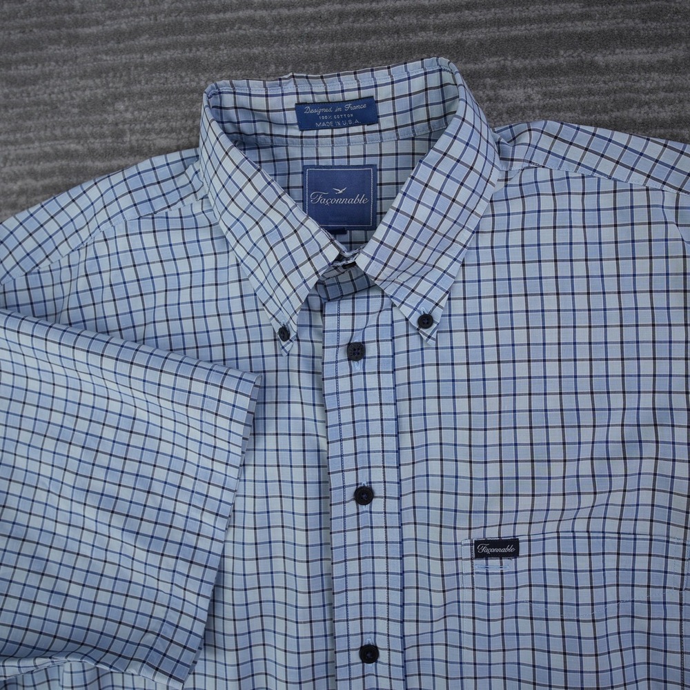 Faconnable Shirt Men Blue Plaid Short Sleeve Button Down Large Made in USA